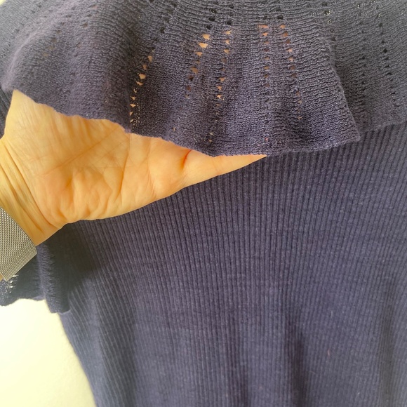 Navy Blue Knit Top with Pointelle Ruffles - Picture 8 of 9